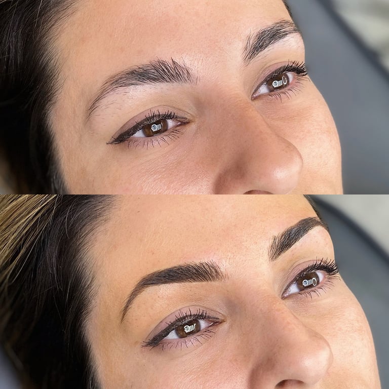 Before and after image displaying a client with dark brunette shaded brows. 