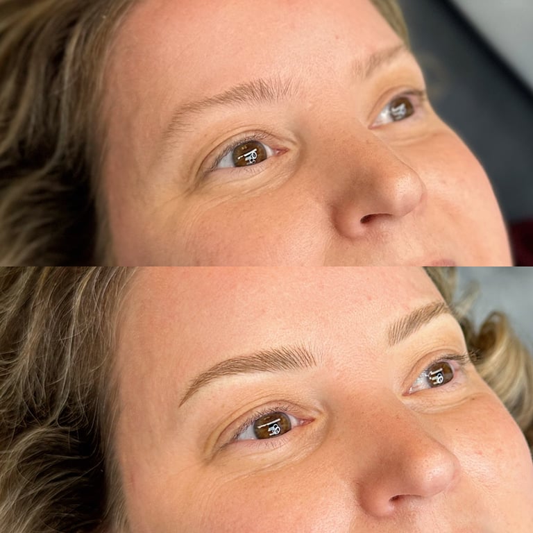 Before and after image displaying a client with blonde microbladed brows. 