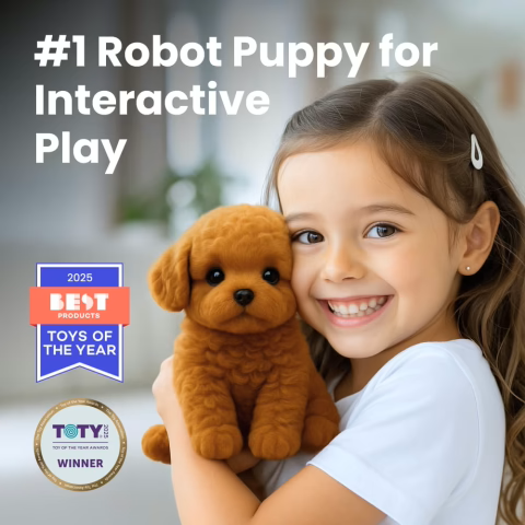 Child happily hugging Wuffy AI robot puppy - interactive educational toy with artificial intelligence
