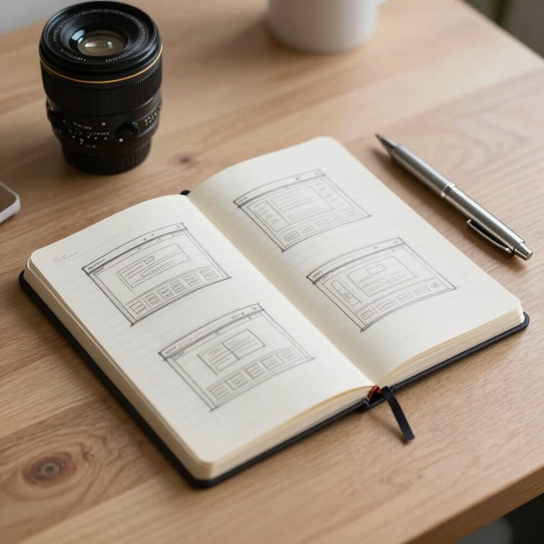 A minimalist desk featuring a notebook with sketches of web layouts and a clean silver pen. Global / English-speaking setting.