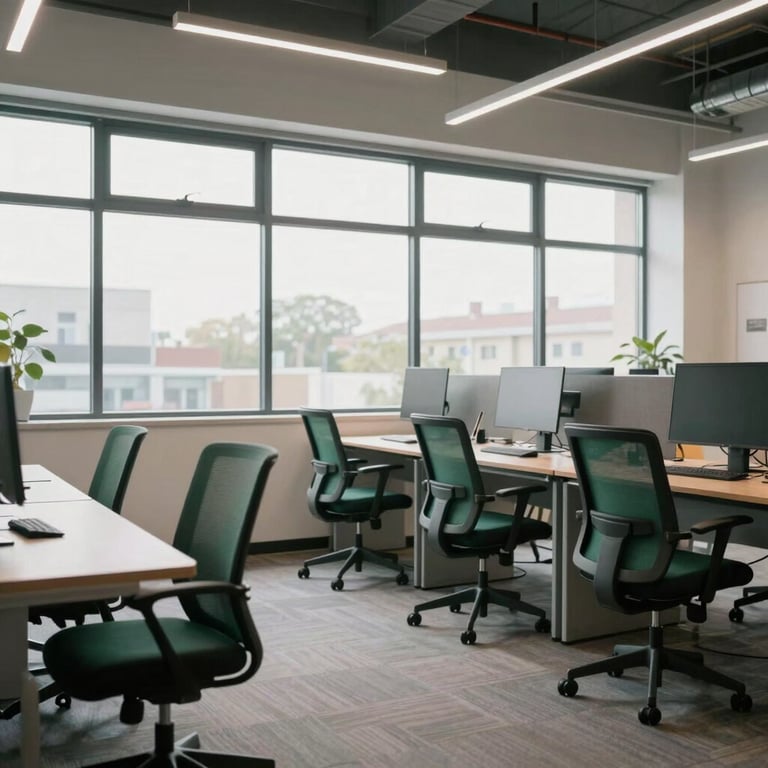 A bright and airy co-working space with large windows and modern, dark green ergonomic chairs. Global / English-speaking setting.