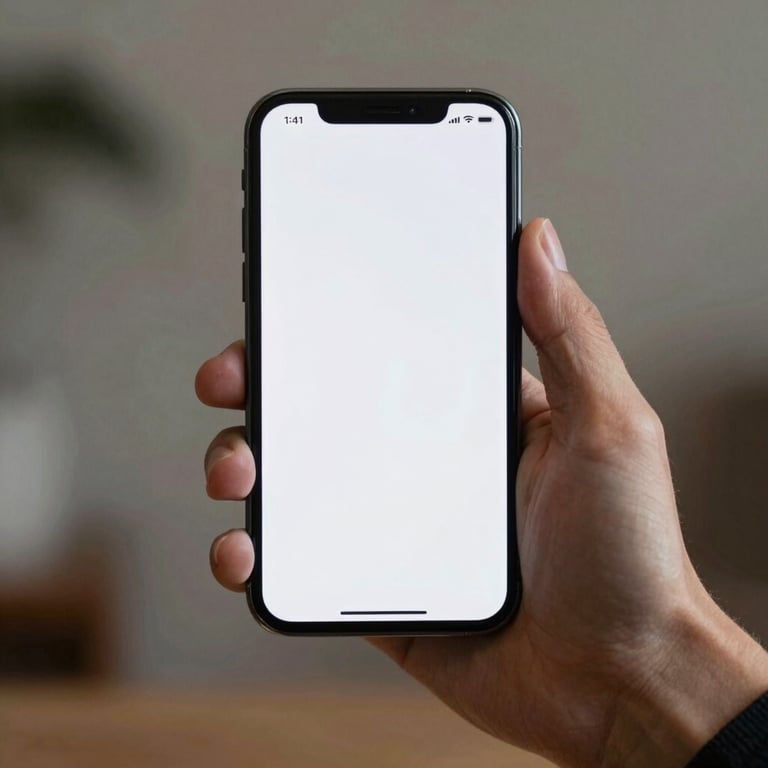 A person's hand holding a high-end smartphone with a minimalist, clean interface visible. Global / English-speaking setting.