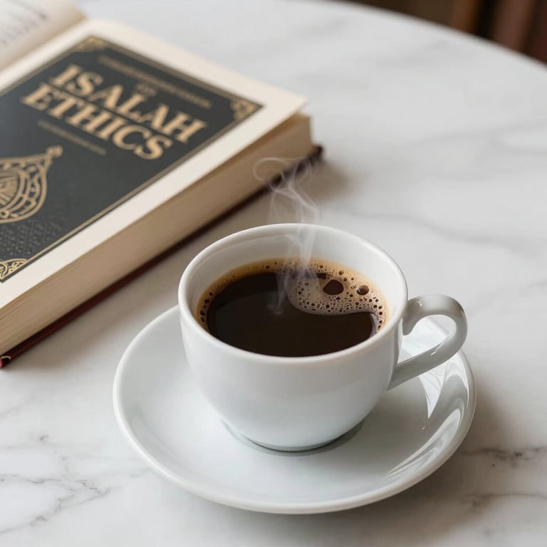 A peaceful close-up of a cup of coffee next to a book on Islamic ethics, resting on a white marble table.