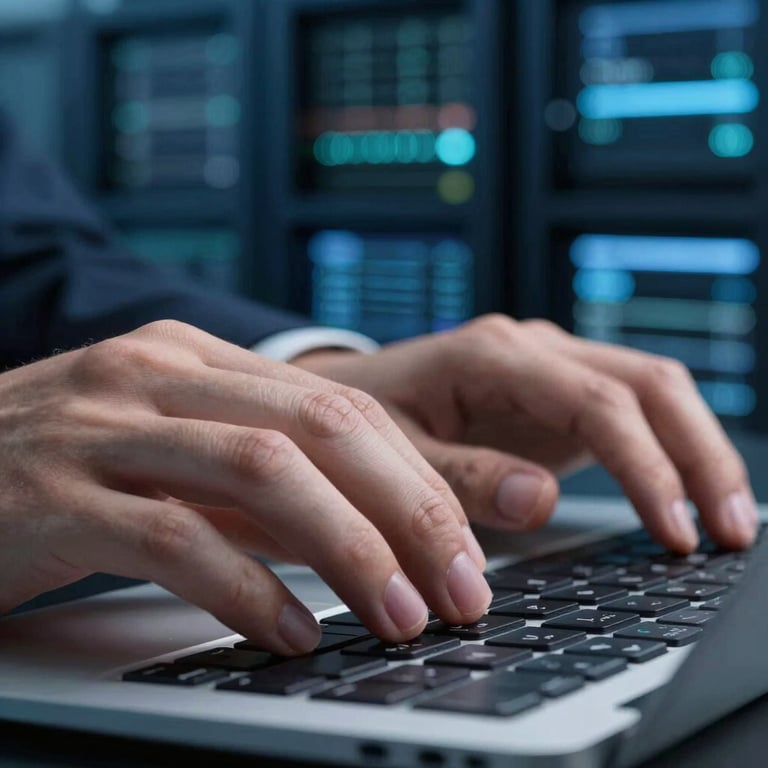 Macro shot of hands typing on a sleek keyboard with a blurred high-tech data center background in deep navy blue tones.