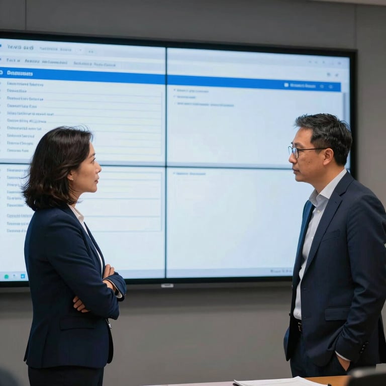 Two professionals reviewing data on a large wall-mounted screen in a modern briefing room, focused expressions, royal blue and navy color palette.