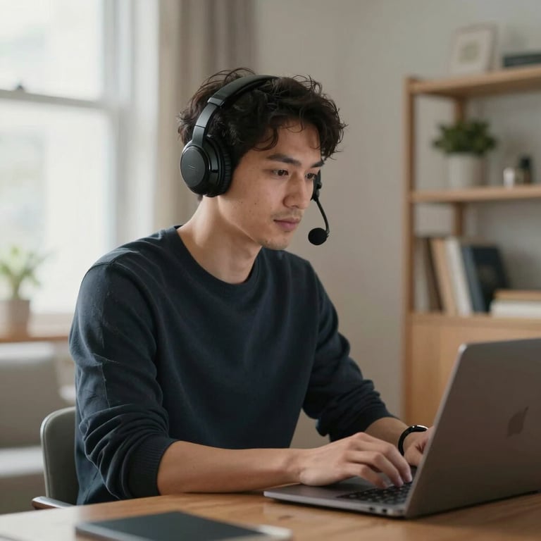 A professional adult wearing a headset using a laptop for an AI simulation, soft natural light, modern home office in a Global / English-speaking region.