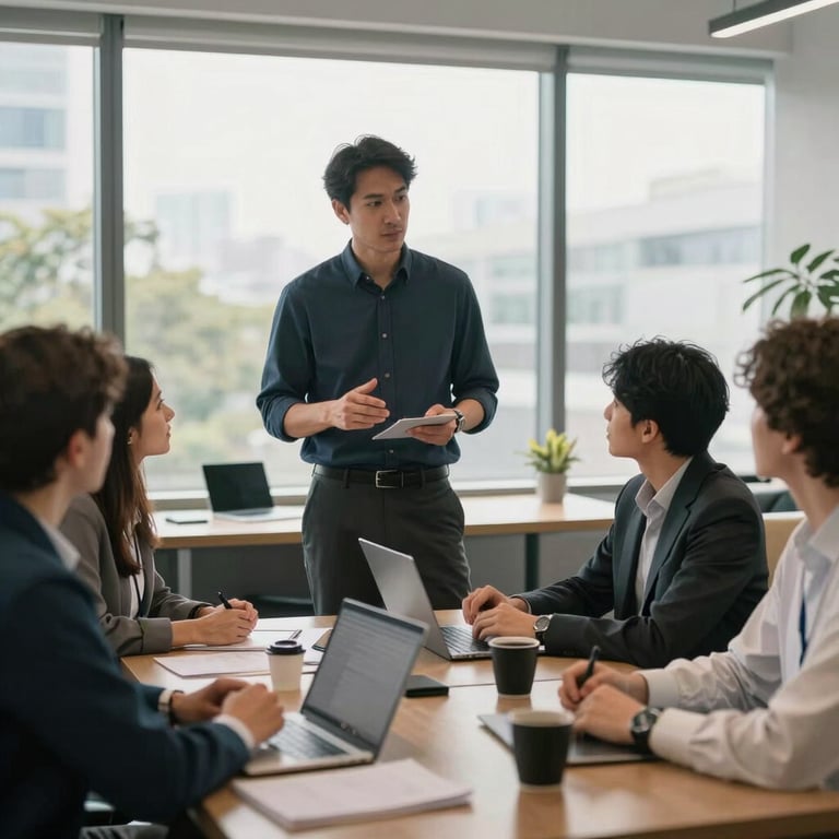 Candid shot of a team lead explaining AI ethics to her staff in a sunlit lounge, professional and innovative atmosphere.