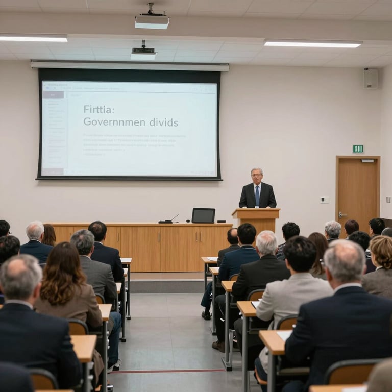 A wide shot of a lecture hall where a digital literacy seminar is being held for government leaders, crisp lighting, mist white walls.