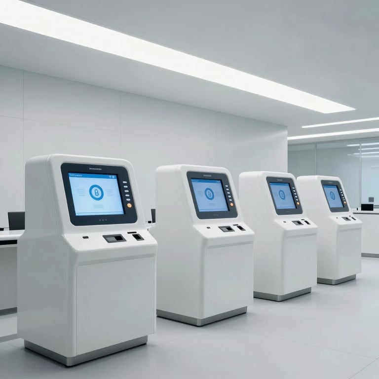 A futuristic government service center with minimalist design, clean mist white surfaces, and digital kiosks.