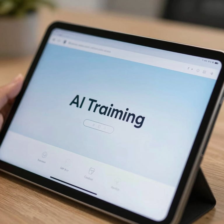 A close-up of a tablet screen showing an interactive AI training module with soft sky blue interface colors in a professional office.