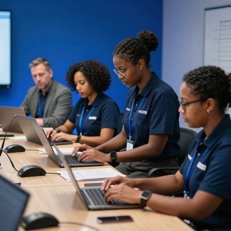 Professional photograph of a diverse group of public servants engaged in a digital strategy workshop, royal blue lighting accents, Global / English-speaking setting.