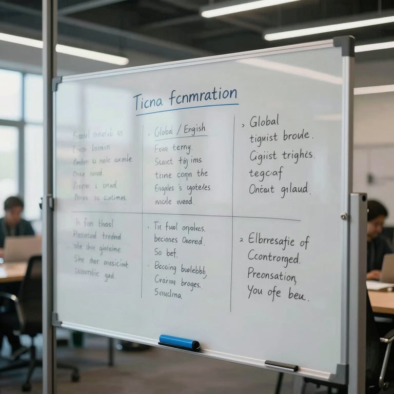 A modern collaborative workspace with a glass white-board filled with digital transformation notes, sky blue markers, Global / English-speaking context.