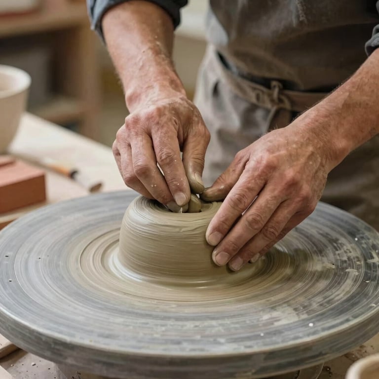 A craftsman's hands carefully shaping a raw clay block in a traditional European brickworks setting.