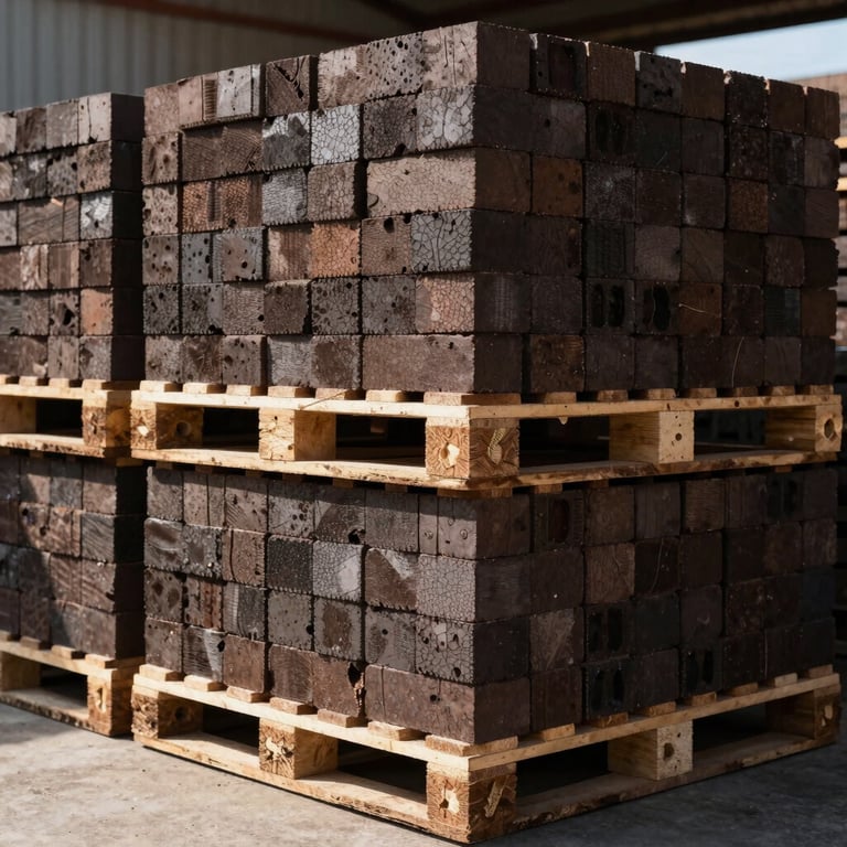 Pallets of finished dark brown bricks stacked neatly in a sunlit North American warehouse.