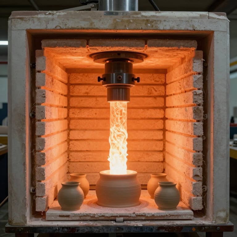 The bright orange glow of a kiln as clay materials are fired to perfection with industrial precision.