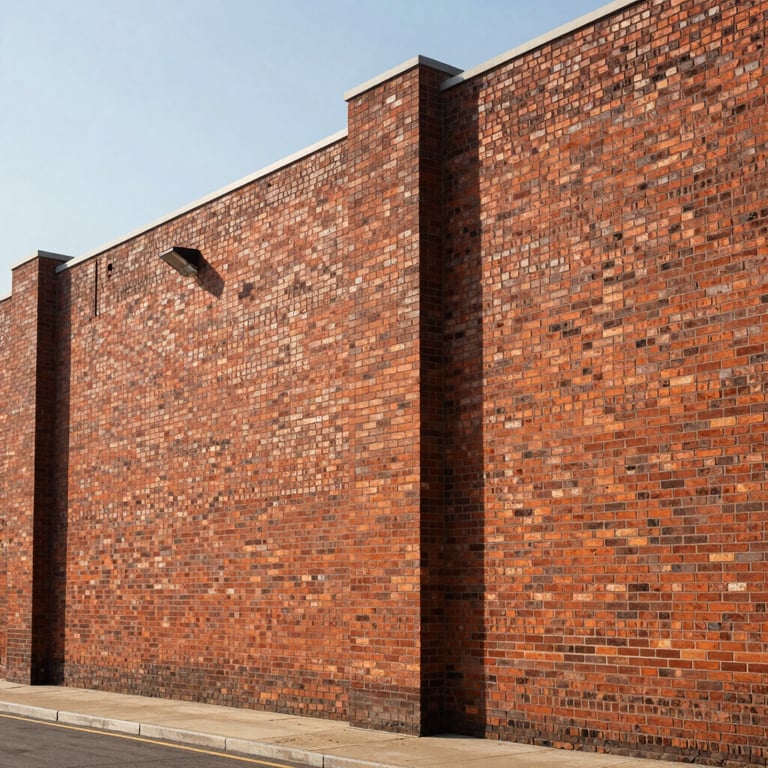 An exterior view of a durable brick foundation for a large-scale commercial building.