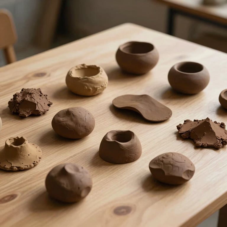 A selection of clay samples in various shades of brown and tan displayed on a clean wooden table.