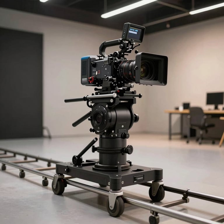 A low-angle shot of a high-end cinema camera on a dolly track inside a modern Northern European studio space with soft lighting.