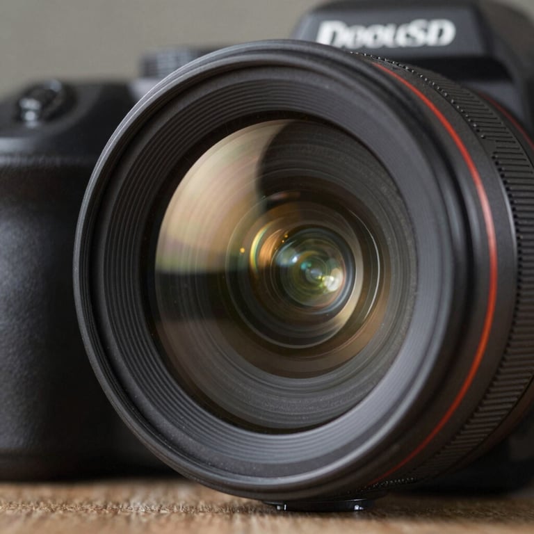 A close-up of a high-quality camera lens reflecting the bright lights of a professional television studio.