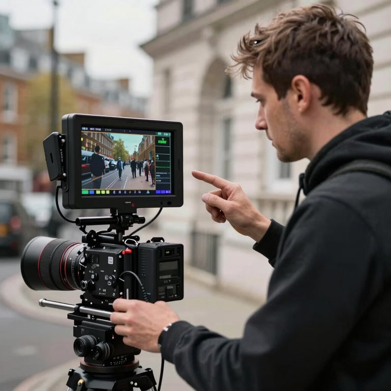 A professional director of photography reviewing footage on a high-definition portable monitor during a location shoot in London.