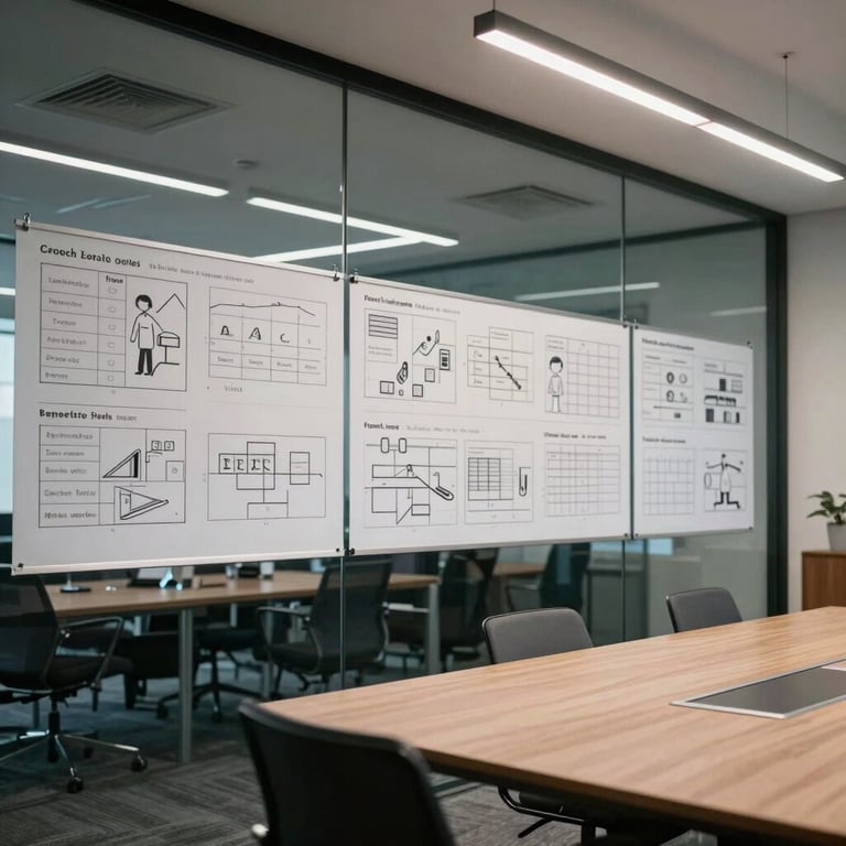 A sleek meeting room in a British production office with storyboards displayed on a glass wall and architectural lighting.