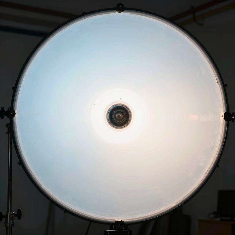 Behind-the-scenes view of a professional lighting rig with soft blue and off-white gels on a cinematic film set.