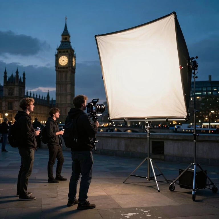 An outdoor film shoot at dusk in a British city featuring a large light panel and a crew in silhouette against the blue hour sky.