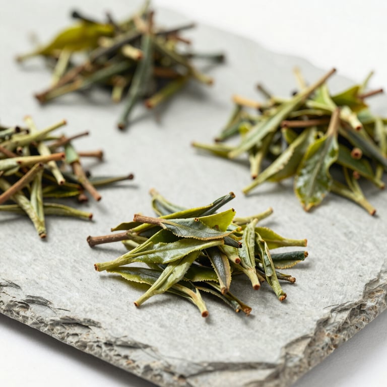 Close-up of raw botanical ingredients and green tea leaves arranged on a clean, light gray slate, bright daylight.