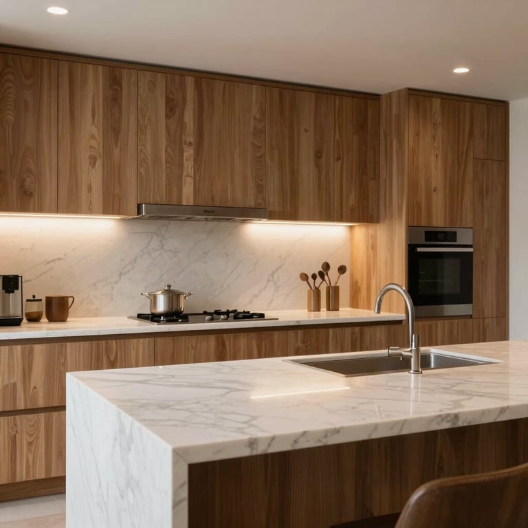 High-end bespoke open kitchen with white marble countertops, minimalist wood cabinets, and warm ambient lighting.