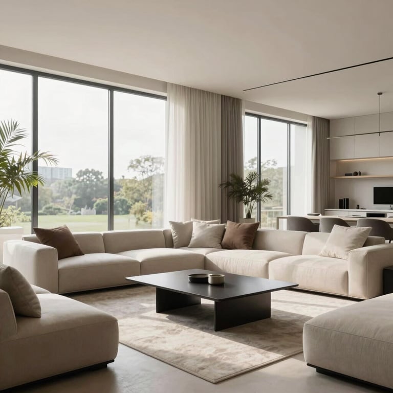 Modern bright living room, floor-to-ceiling windows, high-quality minimalist furniture in warm white and soft taupe tones, Central European interior design.