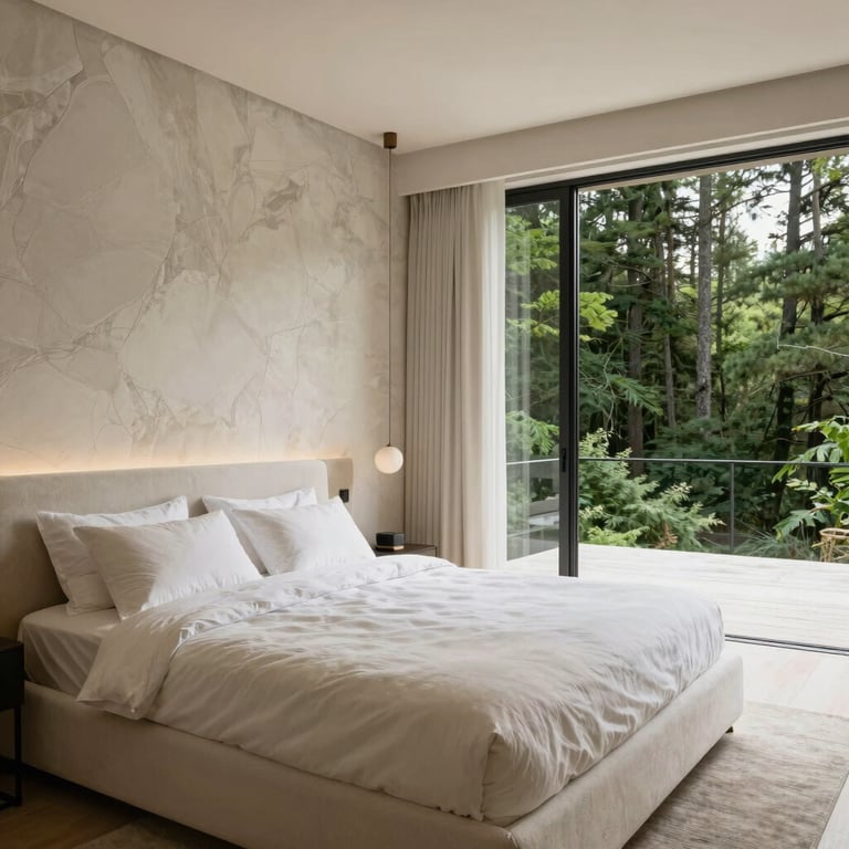 Luxurious master bedroom featuring textile walls in alabaster tone, a large plush bed, and a private terrace overlooking deep forest green trees.