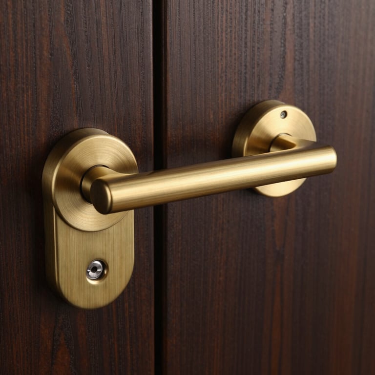 Detail shot of premium materials: modern brushed brass door handle on a solid dark wood door, showcasing exquisite craftsmanship.