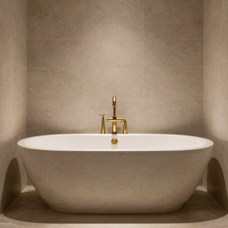 Spa-like master bathroom with a freestanding stone bathtub, neutral sand-colored tiles, and high-end brass fixtures.