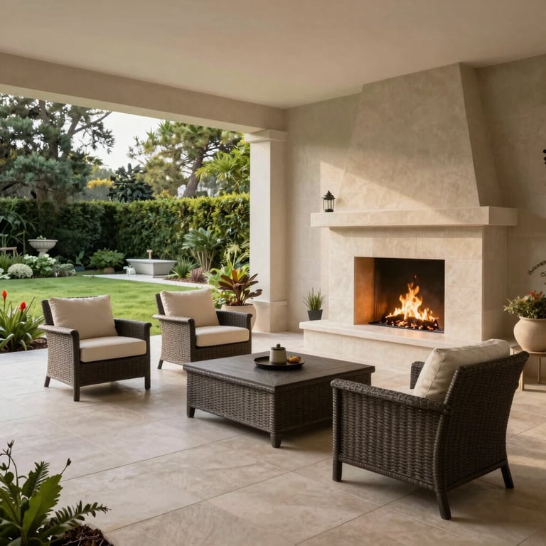 Spacious outdoor patio with elegant garden furniture, integrated outdoor fireplace, overlooking the private landscaped garden.