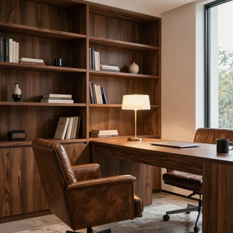 Cozy private home office with built-in walnut shelving, a classic leather armchair, and sophisticated warm desk lighting.