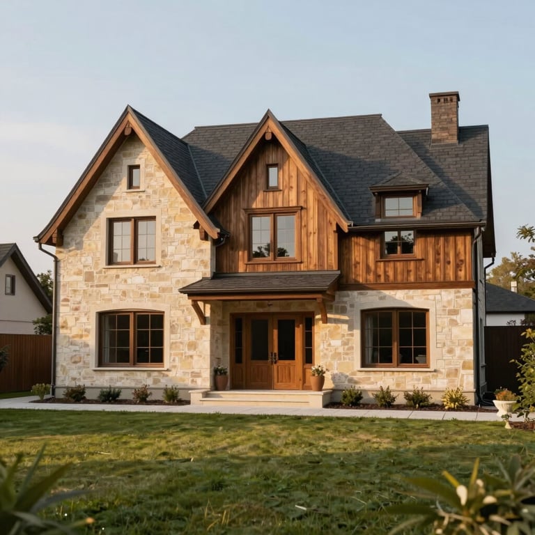 Wide shot of the elegant facade of a premium German house, warm natural stone and walnut wood cladding, soft morning light, manicured lawn.