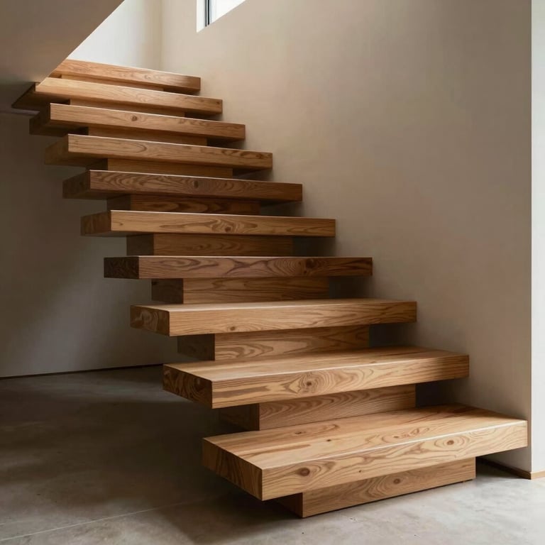 Elegant floating wooden staircase with a sleek design, modern minimalist aesthetic, warm oak textures and natural light.