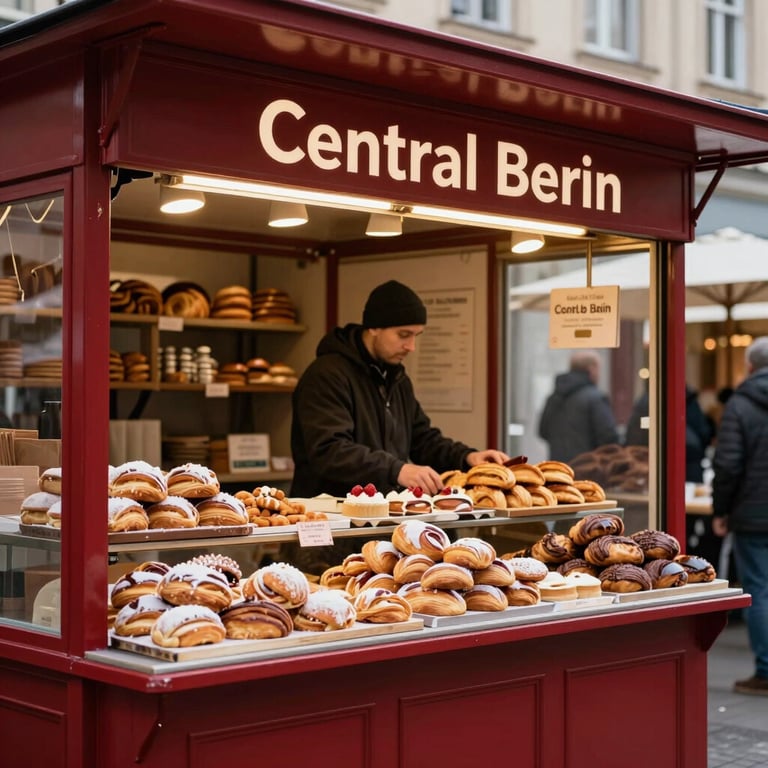 A warm, inviting market stall with deep red accents, displaying handmade pastries in a Berlin neighborhood, Central European / German / Berlin.