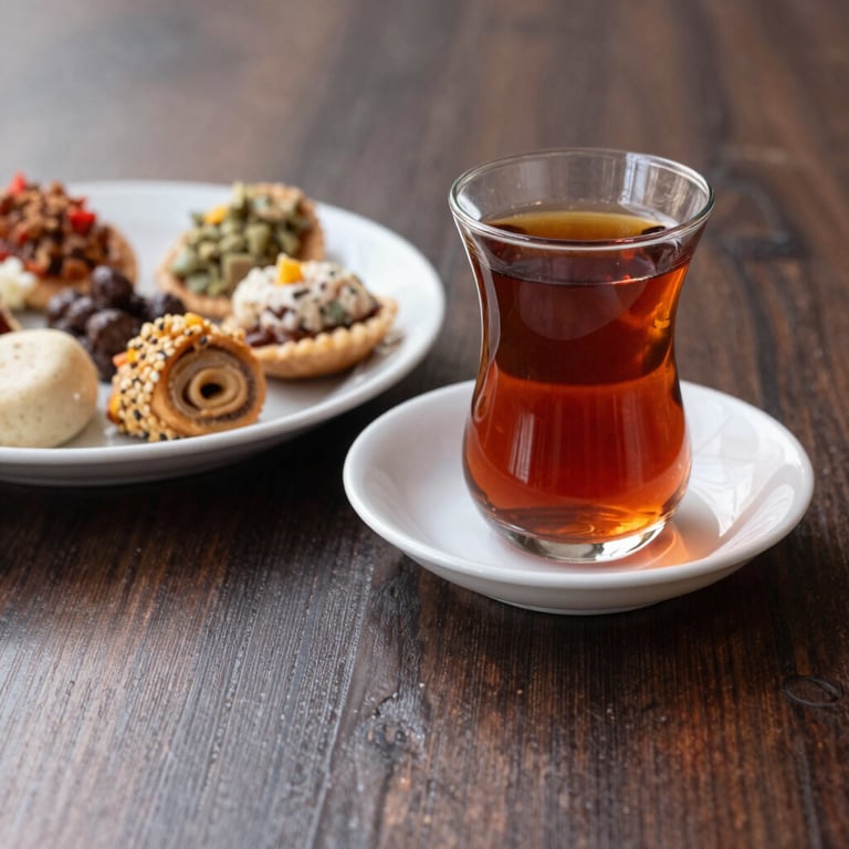 A close-up of a traditional glass of tea next to a plate of Turkish delicacies on a dark brown wooden table, Central European / German / Berlin.
