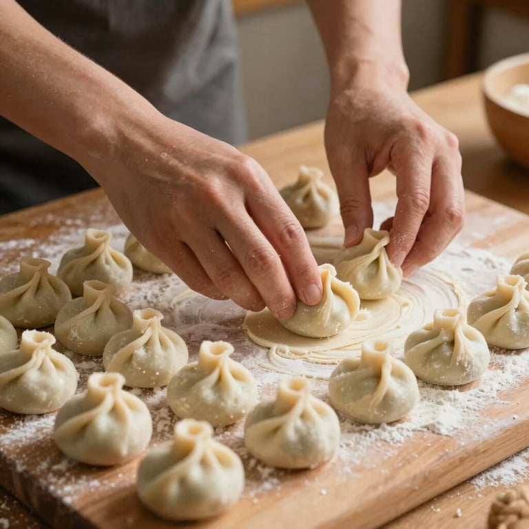 Hands preparing traditional Mantı on a floured wooden surface, warm brown tones, authentic family kitchen atmosphere, Central European / German / Berlin.
