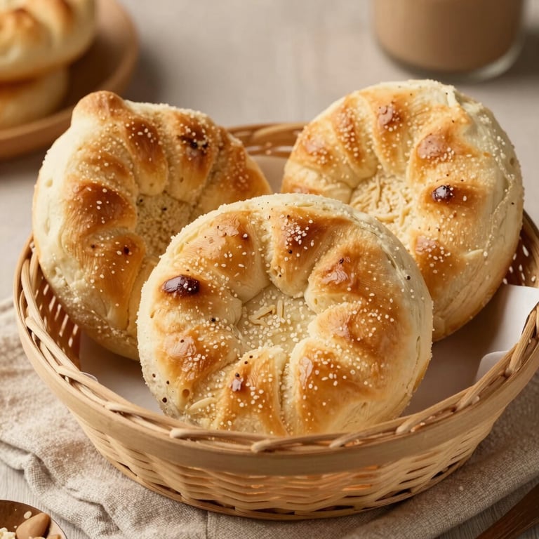 A basket of soft Poğaça pastries on a beige linen cloth, warm and cozy setting, Central European / German / Berlin.