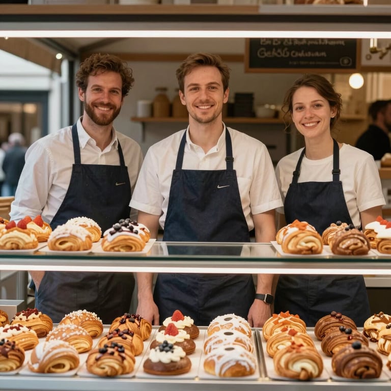 A professional shot of a friendly family business team behind a counter of fresh pastries at a Berlin market, Central European / German / Berlin.
