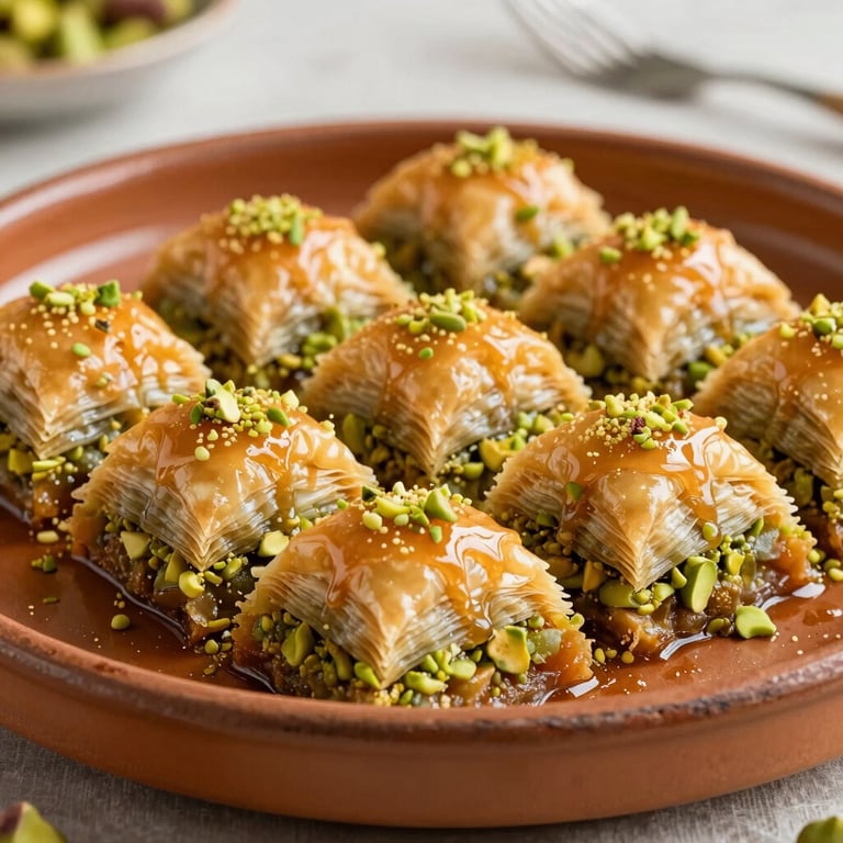 Freshly baked Baklava with pistachios, glistening with syrup on a terracotta tray, warm lighting, Central European / German / Berlin.
