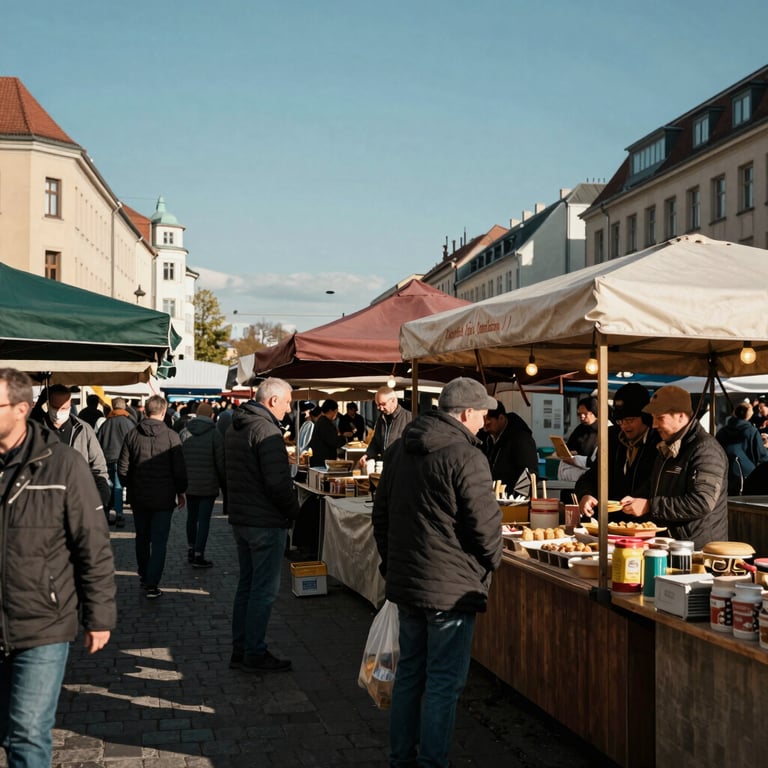View of a lively weekly market in Berlin Kreuzberg under a clear sky, focus on a traditional food stall, Central European / German / Berlin.