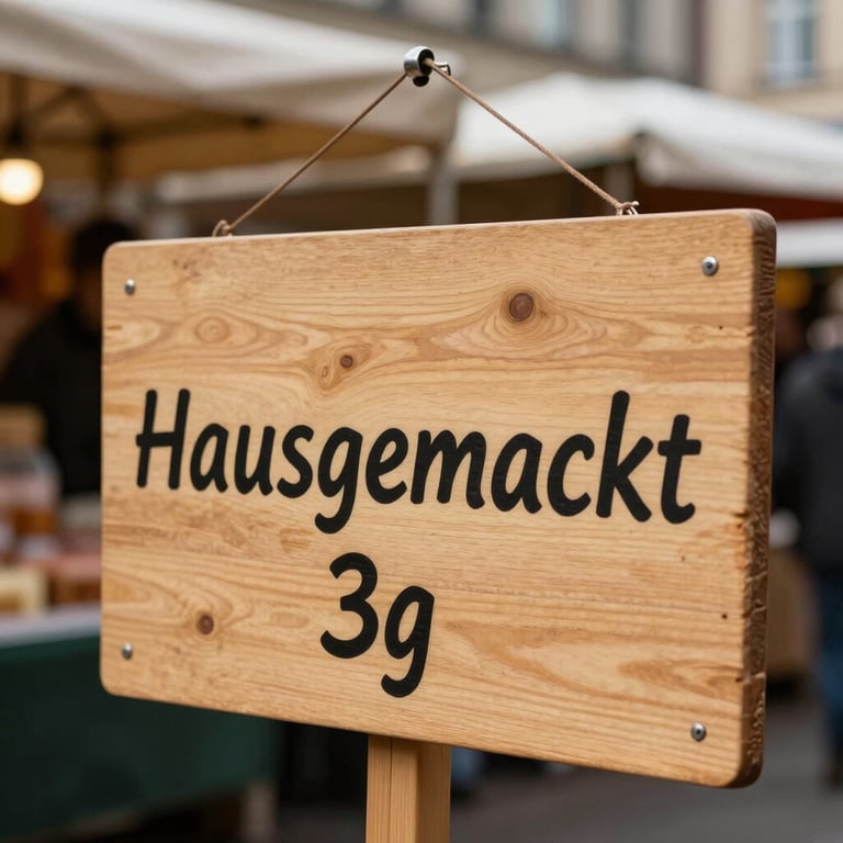A wooden sign at a Berlin weekly market with 'Hausgemacht' written on it, blurred market background, Central European / German / Berlin.