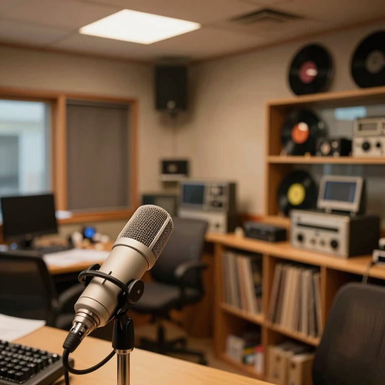 Wide environmental shot of a small-town FM radio studio interior, microphone in foreground, warm tungsten glow, bookshelves with vinyl records and broadcast equipment visible in background, candid mid-show atmosphere
