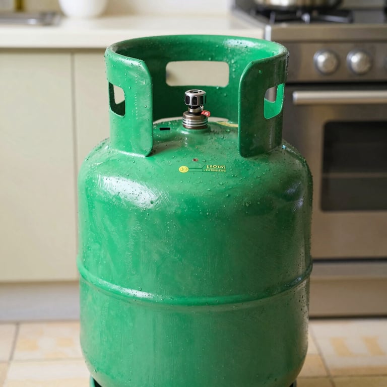Close-up of a vibrant green cooking gas cylinder, brand new, sealed with a safety seal, bright daylight, authentic kitchen setting