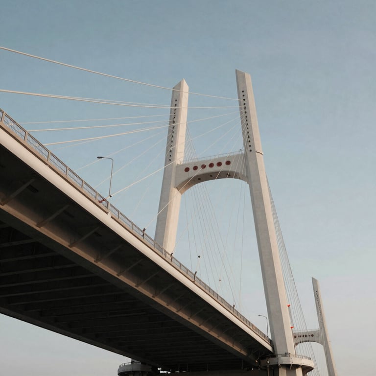 A modern bridge structure in an International / Professional city, showcasing precision engineering and a Soft Blue-Grey sky.