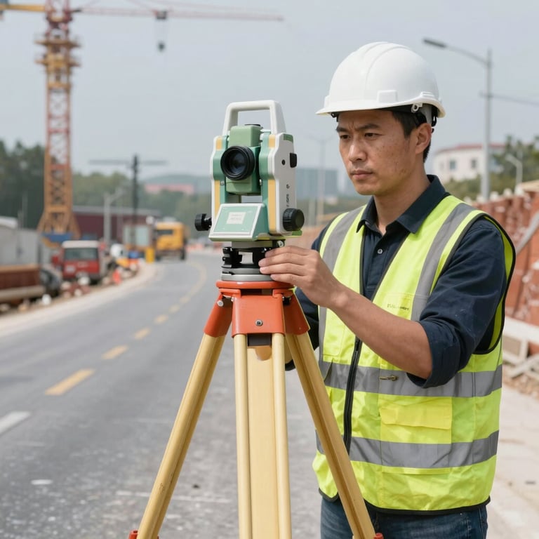 An engineer using a high-precision surveying tool on a tripod at a road construction site in an International / Professional region.