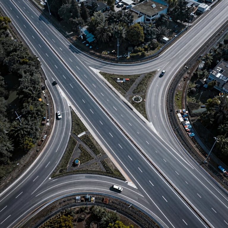 Aerial view of a perfectly paved industrial road network, highlighting infrastructure mapping and technical reliability in Cool White light.